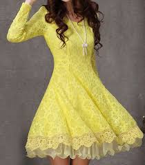 Yellow Long Sleeve Flower Lace Pleated Dress Pretty Dresses Fashion Dresses Beautiful Dresses