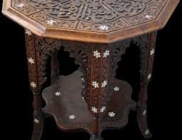 Wooden Table Carved With Koranic Inscriptions And Inlaid With Mother Of Pearl Syria Or Egypt 19th Century Height 61cm Dia Table Vintage Furniture Wood Design