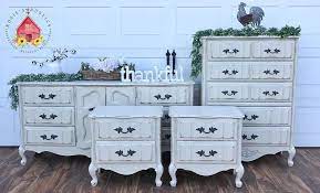 Stunning Bedroom Set Painted In A Linen Cream Color Distressed And Finished Beautiful Heavy Duty Set With So Much Deta Large Dresser Inside Doors Bedroom Set