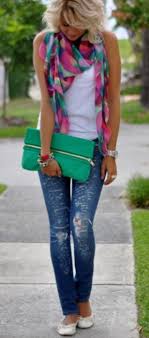 Colorful Beautiful Scarf With Torn Jeans T Shirt Green