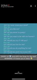 Dealing with a bully at school, escape into a dream world, parents who love you but have tough stuff to deal with too. Girl Moods 5h Ago From Camera Roll Girl Do I Ever Cross Your Mind Boy No Girl Do You Like Me Boy No Girl Do You Think I M Pretty Boy No Girl