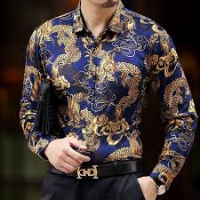 Black And Gold Dress Shirt Mens Baroque Silk Shirts Mens Dragon Dress Shirts Mens Club Outfits Black And Gold Dress Shirts Luxury Camisa Slim Mens Club Outfit Gold Dress Shirt Silk Shirt Men