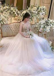Stunning Tulle Deep V Neck Neckline A Line Wedding Dresses With 3d Flowers Beadings Fluffy Wedding Dress Princess Wedding Dresses Wedding Dresses For Girls