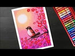 How To Draw Cherry Blossom Flowers And Bird Scenery Drawing And Painting Youtube Oil Pastel Art Oil Pastel Paintings Soft Pastel Art