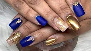 Royal Blue And Gold Nails Chrome Glitter Foil Nails Mia Secret Build Gold Gel Nails Blue Gold Nails Gold Acrylic Nails