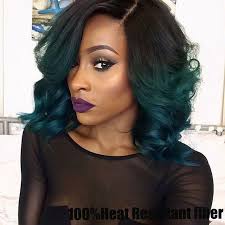 High Quality African American Short Curly Wig Black To Dark Green Ombre Synthetic Hair Lace Front Curly Wigs For Black Women Hair Styles Short Hair Styles Hair