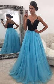 Spaghetti Straps Black Top Light Blue Evening Dresses Cheap Prom Dresses Long Prom Dresses For Teens A Line Prom Dresses