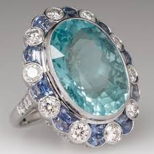 Large Aquamarine Cocktail Ring W Diamonds Sapphires 18k Aquamarine Cocktail Ring Aquamarine Jewelry Jewelry