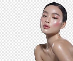 Close-up seorang wanita Asia yang bercahaya dengan kulit sempurna dan  perona pipi merah muda