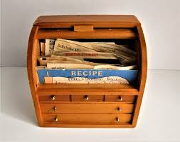 Vintage japan painted wood wooden recipe box handpainted fruit mcm. Wooden Roll Top Box Recipe File Box With Divider Tabs Desk Office Style Recipe Holder With Recipes Vintage File Box Recipe Holder Wooden Boxes