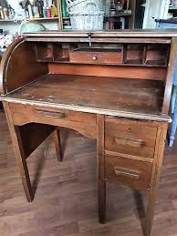 Pops of red show through the distressed robin's egg paint. Ffm Vintage Child S Roll Top Desk