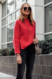 Blonde Woman Wearing Allsaints Red Sweater Black Skinny Jeans Victoria Emerson Rose Gold Beaded Bracelet Celine Avia Fashion Jackson Fashion Red Sweater Outfit