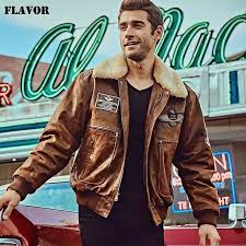 128 11 49 De Descuento Flavor Chaqueta Bomber De Piel Autentica Para Hombre Con Cuello De Piel De Cerdo Extraible Abrigo Calido De Invierno Nueva Abrigos D Leather Bomber Jacket Brown Leather Jacket Men