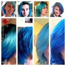 These Are The Most Recent Stages Of My Blue Hair First Panel Is Faded Manicpanic Atomicturquoise With Ba Blue Hair Trendy Hair Color Color Correction Hair