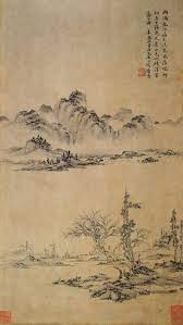 jujie 居节 潮满春江图 明居节 镇江市博物馆藏 潮满春江图 是画家的传世作品 其中部空白 以虚带实 意为茫茫江水 下部坡坨断续 野树参差 小舟停靠 得江南江汊 chinese landscape painting chinese painting chinese landscape