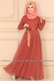 Modaselvim Elbise Puantiyeli Tul Tesettur Elbise 5114ay342 Koyu Somon Elbise Cizgili Elbise Tarz Moda