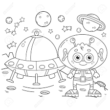 Printable space coloring pages are a fun way for kids of all ages to develop creativity, focus, motor skills and color recognition. Coloring Page Outline Of A Cartoon Alien With A Flying Saucer On A Planet In Space Coloring Book For Kids Royalty Free Cliparts Vectors And Stock Illustration Image 155008293