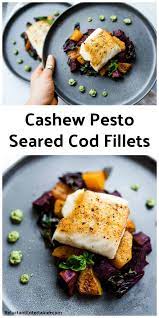 Seared Cod Fillets Served On A Bed Of Wilted Chard With Butternut Squash Purple Sweet Potatoes And Cashew Easy Seafood Recipes Fish Recipes Healthy Recipes