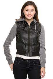 Terry Fleece Sleeve Hooded Motorcycle Biker Pu Faux Leather Bomber Jacket Faux Leather Bomber Jacket Jackets Leather Jackets Women