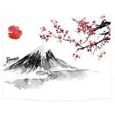 Amazonsmile Japanese Mount Fuji Decor Tapestry Asian Cherry Blossoms Sakura Floral Spring Sunset Ink Painting Art Sakura Art Sumi E Painting Sakura Painting