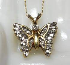 Vintage 10k Gold Diamond Butterfly Necklace Etsy Bezel Set Diamond 10k Gold Chain Butterfly Necklace
