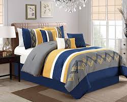 Aqua rugby striped comforter set. Chezmoi Collection Arden 7 Pieces Modern Pleated Stripe Embroidered Zigzag Bedding Comforter Set Queen Navy Gray Yellow Off White Buy Online In Cayman Islands At Cayman Desertcart Com Productid 55598286