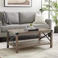 Pacific natural wood oval coffee table. Walker Edison Furniture Company Urban Industrial 40 In Gray Wash Medium Rectangle Mdf Coffee Table With Shelf Hdf40mxctgw The Home Depot