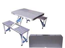 There are also plastic folding tables, half tables and table sets to consider, depending on what you need. Aluminum Folding Camping Picnic Table With 4 Seats Portable Set Outdoor Garden Fs 3695 Silver Amazon Ae Home