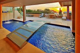 Smart And Stylish Bridge For The Charming Indoor Pool Pool Bridge Backyard Pool Designs Swimming Pools Backyard