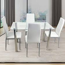 Large 1400mm luxury round dining table set with 4 white. 110cm Dining Table Set 5pcs Modern White Tempered Glass Dining Set With 4pcs Pvc Leather Chairs Transparent Creamy White Buy Online In Angola At Angola Desertcart Com Productid 173992879