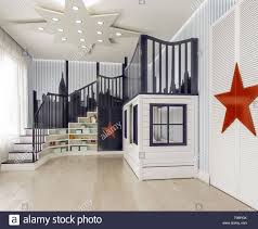 Ob teppich, teppichboden oder bettumrandung, es gibt für jede raumgestaltung eine passende lösung. Modernes Interieur Kinder Schlafzimmer Kinderzimmer Spielzimmer Mit Doppelbetten Und Treppen Wie Schloss Mit City Dekoration Auf Gestreifte Wande 3d Rendering Stockfotografie Alamy