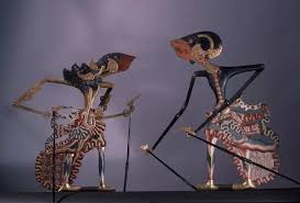 Water buffalo hide and horn, pigments, cotton, gold leaf. A Pair Of Wayang Kulit Shadow Puppet Used In Popular Print 15088564