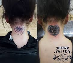 Tattoo to cover up stretch marks maybe! Mohawk Tattoo Studio On Twitter Cover Up On The Back Of The Neck By Chelloo Rose In The Shape Of A Heart Tattoo Neck Rose Coverup Ink Heart