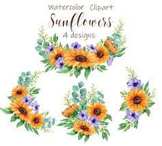Sunflowers Watercolor Clip Art Realistic Flower Summer Herb Floral Invitation Greeting Cards Digital Invitations Scrapbooking