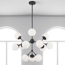 The lamp is made of metal has a semi circular ceiling 12 medium sized bulbs e26 not included and casts light to the surrounding environment. Design Classics Essence Black 12 Light Mid Century Modern Chandelier 1864 Bk Destination Lighting