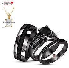 Natural Black Diamond With 14k Black Gold Men S Women S Trio Wedding Ring Set Br925silverczjewelry Black Gold Ring Wedding Ring Trio Sets Black Wedding Rings