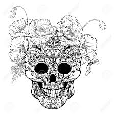 Actually, it relates to the mexican culture with the name calavera. Sugar Skull With Decorative Pattern And A Wreath Of Red Poppies Stock Line Vector Illustration Outline Hand Drawing Coloring Page For Adult Coloring Book Royalty Free Cliparts Vectors And Stock Illustration Image