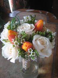 Febou wedding bouquet, big size white bridesmaid bouquet bridal bouquet with crystals soft ribbons, artificial rose flowers for hawesome white bouquet artificial flowers 3pcs fake roses silk hydrangea bouquet decor plastic carnations realistic flower centerpieces for table(white). Floral Arrangement Orange Tulips And White Roses Floral Arrangements Flower Arrangements Beautiful Flower Arrangements
