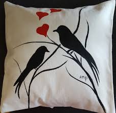 Black Birds In Painting Decorative Pillow Cover Special Order Gift Love Birds Black Birds And Red Hearts Handmade And Ha Hand Painted Pillows Fabric Birds Decorative Pillow Covers