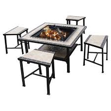 Fire Pit Table With A Stainless Steel Frame And 4 Matching Tile Top Stools Product 1 Fire P Patio Furniture Dining Set Patio Furniture Fire Patio Dining Set