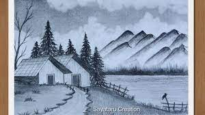 Pencil drawings of beautiful landscapes. Beautiful Village Scenery Drawing With Pencil Step By Step Pencil Drawi Beautiful Scenery Drawing Easy Scenery Drawing Landscape Drawings