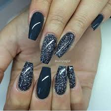 Coffin Black Acrylic Nails With Glitter Coffin Nails Gel Polish On Instagram Trendy Nails Silver Nails Black Gel Nails