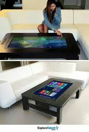 It has a smooth, brown laminate top and black metal, open frame legs. Tablet Coffee Table Home Technology Home Gadgets Smart Home