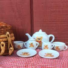 12pc Miniature Ceramic Teddy Bear Tea Set For 2 W Wicker Picnic Basket 2 Blankets Napkins Teapot Cups Saucers Sugar Creamer Dish Plates Wicker Picnic Basket Tea Pots Picnic Basket