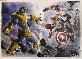 Avengers on a mission to a hydra base in 1944 with the howling commandos (minus bucky for unknown reasons), captain america stows away on a small merchant boat, when according to his plan it is attacked by a hydra sub, the levaiathan, as it is a perfect test target. Endgame Thanos Versus Iron Man Thor And Captain America By Gerald Parel In Abraham Madampil S For Sale Comic Art Gallery Room