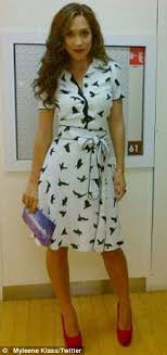 Myleene Klass Wears Stylish White Dress Covered In Black Birds And Accessorises With A Real Golden Eagle Stylish White Dress Dresses Celebrity Dresses