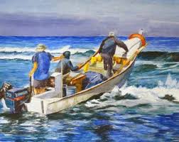 Aquarelle Peinture Aquarelle Peinture Originale Fine Art Couleur Bleue Plage Et Sescape Bateau Bateau De Peche 68 X 48 Watercolor Paintings Painting Art