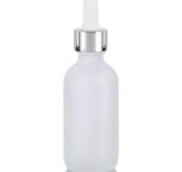 Frosted Clear Glass Boston Round Bottle with Silver Metal and Glass Dropper  (12 Pack)