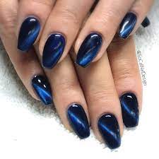 The shape and length of your nails can accentuate to the solid colors of your stiletto nails. Dip Powder Mani Blue Nails With Madam Glam Cateye Gel Polish In Dresscode Blue Blue Nails Cat Eye Nails Gel Nails