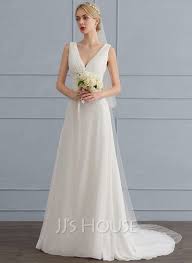 Us 208 00 A Line Princess V Neck Sweep Train Chiffon Wedding Dress With Ruffle Jj S House Ruffle Wedding Dress Wedding Dresses Chiffon Wedding Dress